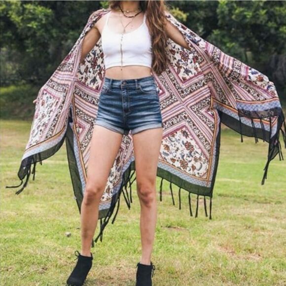 Open Front Bohemian Aztec Diamond Print Tassel Kimono Beach Cover-up Cardigan - Picture 2 of 11